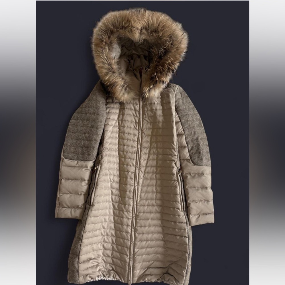 Di Bello Women's Beige Quilted Down Coat Fur Hood
